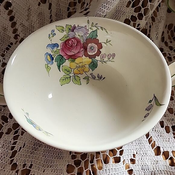 WWII Era Antique Double Handled Floral Cream Soup Bowls - Picture 4 of 9